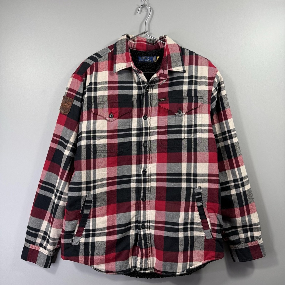 Polo Ralph Lauren Jacket Mens Medium Red Plaid Flannel Sherpa Lined Bomber